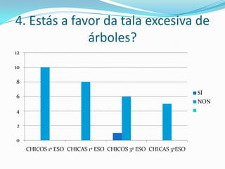 4. Estás a favor da tala excesiva de
árboles?
12
10
8
SÍ

6

NON

4
2
0
CHICOS 1º ESO CHICAS 1º ESO CHICOS 3º ESO CHICAS 3ºESO

 