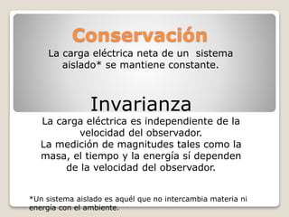 Conservación
La carga eléctrica neta de un sistema
aislado* se mantiene constante.
Invarianza
La carga eléctrica es independiente de la
velocidad del observador.
La medición de magnitudes tales como la
masa, el tiempo y la energía sí dependen
de la velocidad del observador.
*Un sistema aislado es aquél que no intercambia materia ni
energía con el ambiente.
 