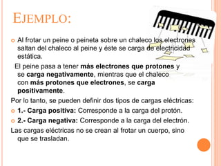EJEMPLO:
 Al frotar un peine o peineta sobre un chaleco los electrones
saltan del chaleco al peine y éste se carga de electricidad
estática.
El peine pasa a tener más electrones que protones y
se carga negativamente, mientras que el chaleco
con más protones que electrones, se carga
positivamente.
Por lo tanto, se pueden definir dos tipos de cargas eléctricas:
 1.- Carga positiva: Corresponde a la carga del protón.
 2.- Carga negativa: Corresponde a la carga del electrón.
Las cargas eléctricas no se crean al frotar un cuerpo, sino
que se trasladan.
 