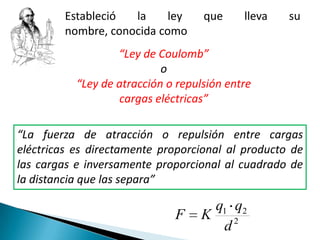 Estableció  la     ley     que     lleva   su
         nombre, conocida como
                   “Ley de Coulomb”
                            o
           “Ley de atracción o repulsión entre
                   cargas eléctricas”

“La fuerza de atracción o repulsión entre cargas
eléctricas es directamente proporcional al producto de
las cargas e inversamente proporcional al cuadrado de
la distancia que las separa”

                                      q1 q2
                              F     K    2
                                       d
 