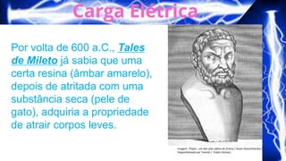 Imagem: Thales , um dos sete sábios da Grécia / Autor Desconhecido /
Disponibilizado por Tomisti / Public Domain.
Por volta de 600 a.C., Tales
de Mileto já sabia que uma
certa resina (âmbar amarelo),
depois de atritada com uma
substância seca (pele de
gato), adquiria a propriedade
de atrair corpos leves.
 