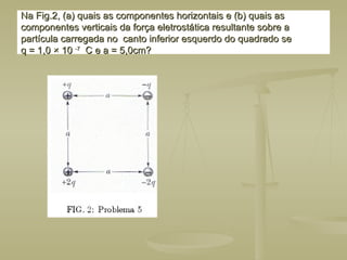 Na Fig.2, (a) quais as componentes horizontais e (b) quais as
Na Fig.2, (a) quais as componentes horizontais e (b) quais as
componentes verticais da força eletrostática resultante sobre a
componentes verticais da força eletrostática resultante sobre a
partícula carregada no canto inferior esquerdo do quadrado se
partícula carregada no canto inferior esquerdo do quadrado se
q = 1,0 × 10
q = 1,0 × 10 -7
-7
C e a = 5,0cm?
C e a = 5,0cm?
 