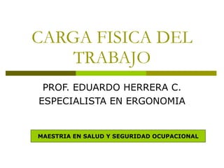 CARGA FISICA DEL TRABAJO PROF. EDUARDO HERRERA C. ESPECIALISTA EN ERGONOMIA MAESTRIA EN SALUD Y SEGURIDAD OCUPACIONAL 