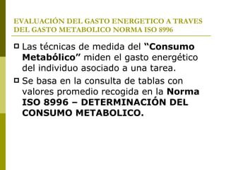EVALUACIÓN DEL GASTO ENERGETICO A TRAVES DEL GASTO METABOLICO NORMA ISO 8996 Las técnicas de medida del  “Consumo Metabólico”  miden el gasto energético del individuo asociado a una tarea. Se basa en la consulta de tablas con valores promedio recogida en la  Norma ISO 8996 – DETERMINACIÓN DEL CONSUMO METABOLICO. 