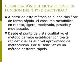 CLASIFICACIÓN DEL METABOLISMO EN FUNCIÓN DEL TIPO DE ACTIVIDAD A partir de este método se puede clasificar de forma rápida  el consumo metabólico en reposo, ligero, moderado, pesado y muy pesado. Desde el punto de vista cualitativo el método permite establecer con cierta rapidez cual es el nivel aproximado de metabolismo. Por su sencillez es un método bastante rápido. 