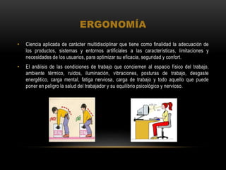 ERGONOMÍA
• Ciencia aplicada de carácter multidisciplinar que tiene como finalidad la adecuación de
los productos, sistemas y entornos artificiales a las características, limitaciones y
necesidades de los usuarios, para optimizar su eficacia, seguridad y confort.
• El análisis de las condiciones de trabajo que conciernen al espacio físico del trabajo,
ambiente térmico, ruidos, iluminación, vibraciones, posturas de trabajo, desgaste
energético, carga mental, fatiga nerviosa, carga de trabajo y todo aquello que puede
poner en peligro la salud del trabajador y su equilibrio psicológico y nervioso.
 