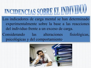 Los indicadores de carga mental se han determinado
experimentalmente sobre la base a las reacciones
del individuo frente a un exceso de carga.
Considerando las alteraciones fisiológicas,
psicológicas y del comportamiento.
 