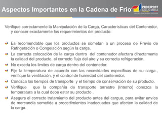 Aspectos Importantes en la Cadena de Frio

 Verifique correctamente la Manipulación de la Carga, Características del Contenedor,
    y conocer exactamente los requerimientos del producto:

    Es recomendable que los productos se sometan a un proceso de Previo de
    Refrigeración o Congelación según la carga.
    La correcta colocación de la carga dentro del contenedor afectara directamente
    la calidad del producto, el correcto flujo del aire y su correcta refrigeración.
    No exceda los limites de carga dentro del contenedor.
    Fije la temperatura de acuerdo con las necesidades especificas de su carga.,
    verifique la ventilación, y el control de humedad del contenedor.
    Conozca los tiempos de transporte y el tiempo de conservación de su producto.
    Verifique     que la compañía de transporte terrestre (Interno) conozca la
    temperatura a la cual debe estar su producto .
    Asegure el correcto tratamiento del producto antes del cargue, para evitar envíos
    de mercancía sometida a procedimientos inadecuados que afecten la calidad de
    la carga.
 