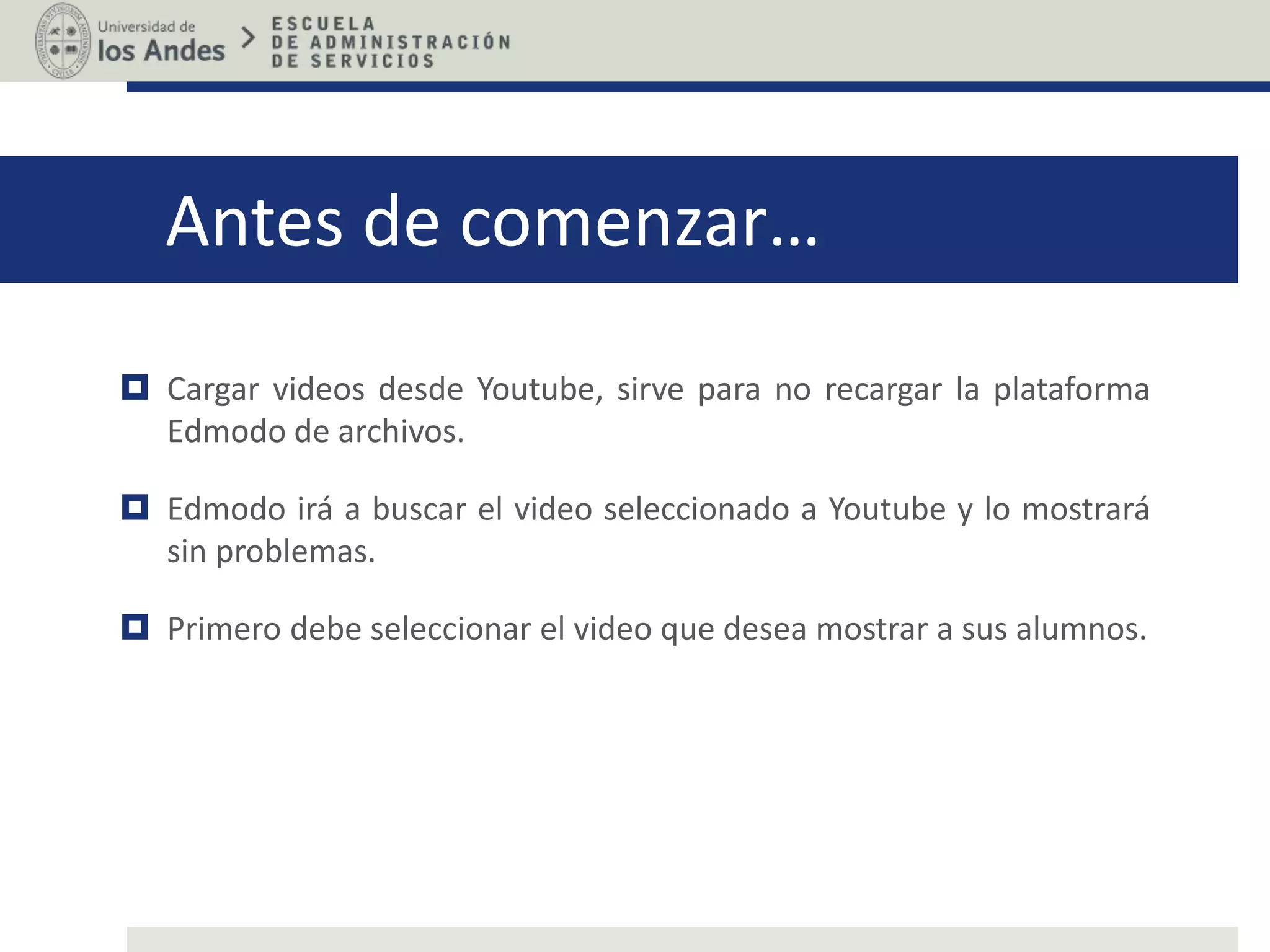 Antes de comenzar…
Cargar videos desde Youtube, sirve para no recargar la plataforma
Edmodo de archivos.
Edmodo irá a buscar el video seleccionado a Youtube y lo mostrará
sin problemas.
Primero debe seleccionar el video que desea mostrar a sus alumnos.
