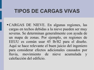 TIPOS DE CARGAS VIVAS CARGAS DE NIEVE. En algunas regiones, las cargas en techos debidas a la nieve pueden ser muy severas. Se determinan generalmente con ayuda de un mapa de zonas. Por ejemplo, en regiones de EEUU es común usar 45 lb/ft2 para el diseño. Aquí se hace relevante el buen juicio del ingeniero para considerar efectos adicionales causados por lluvia, movimiento de nieve acumulada y calefacción del edificio. 