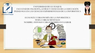 UNIVERSIDAD DE GUAYAQUIL
FACULTAD DE FILOSOFÍA, LETRAS Y CIENCIAS DE LA EDUCACIÓN
PEDAGOGIA EN LAS CIENCIAS EXPERIMENTALES DE LA INFORMÁTICA
ECOLOGÍA Y ERGONOMÍA DE LA INFORMÁTICA
TEMA: CARGAS MENTALES
NOMBRE: ANTONIO CARLOS RODRÍGUEZ GAIBOR
 
