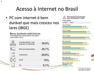 6




         Acesso à Internet no Brasil
    • PC com internet é bem
      durável que mais cresceu nos
      lares (IBGE)
 