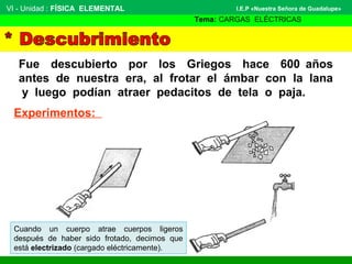 Fue descubierto por los Griegos hace 600 años
antes de nuestra era, al frotar el ámbar con la lana
y luego podían atraer pedacitos de tela o paja.
Experimentos:
VI - Unidad : FÍSICA ELEMENTAL
Tema: CARGAS ELÉCTRICAS
I.E.P «Nuestra Señora de Guadalupe»
Cuando un cuerpo atrae cuerpos ligeros
después de haber sido frotado, decimos que
está electrizado (cargado eléctricamente).
 