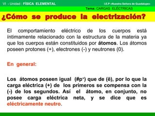 El comportamiento eléctrico de los cuerpos está
íntimamente relacionado con la estructura de la materia ya
que los cuerpos están constituidos por átomos. Los átomos
poseen protones (+), electrones (-) y neutrones (0).
En general:
Los átomos poseen igual (#p+
) que de (ē), por lo que la
carga eléctrica (+) de los primeros se compensa con la
(-) de los segundos. Así el átomo, en conjunto, no
posee carga eléctrica neta, y se dice que es
eléctricamente neutro.
VI - Unidad : FÍSICA ELEMENTAL
Tema: CARGAS ELÉCTRICAS
I.E.P «Nuestra Señora de Guadalupe»
 