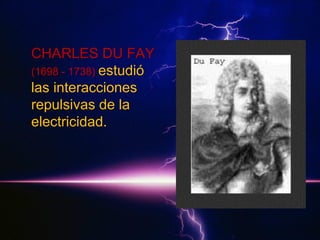 CHARLES DU FAY
(1698 - 1738) estudió
las interacciones
repulsivas de la
electricidad.

 