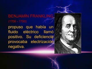 BENJAMÍN FRANKLING
(1706 - 1790)

propuso que había un
fluido eléctrico llamó
positivo. Su deficiencia
provocaba electrización
negativa.

 