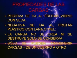PROPIEDADES DE LAS
CARGAS
• POSITIVA SE DA AL FROTAR VIDRIO
CON SEDA.
• NEGATIVA SE DA AL FROTAR
PLÁSTICO CON LANA O PIEL.
• LA CARGA NO SE CREA NI SE
DESTRUYE SÓLO SE CONSERVA
• SÓLO SE PUEDEN TRANSFERIR
CARGAS – DE UN CUERPO A OTRO

 