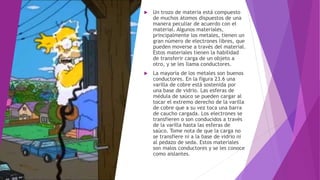  Un trozo de materia está compuesto
de muchos átomos dispuestos de una
manera peculiar de acuerdo con el
material. Algunos materiales,
principalmente los metales, tienen un
gran número de electrones libres, que
pueden moverse a través del material.
Estos materiales tienen la habilidad
de transferir carga de un objeto a
otro, y se les llama conductores.
 La mayoría de los metales son buenos
conductores. En la figura 23.6 una
varilla de cobre está sostenida por
una base de vidrio. Las esferas de
médula de saúco se pueden cargar al
tocar el extremo derecho de la varilla
de cobre que a su vez toca una barra
de caucho cargada. Los electrones se
transfieren o son conducidos a través
de la varilla hasta las esferas de
saúco. Tome nota de que la carga no
se transfiere ni a la base de vidrio ni
al pedazo de seda. Estos materiales
son malos conductores y se les conoce
como aislantes.
 