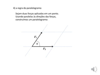 Sejam duas forças aplicadas em um ponto.
Usando paralelas às direções das forças,
construímos um paralelogramo:
4) a regra do paralelogramo
θ