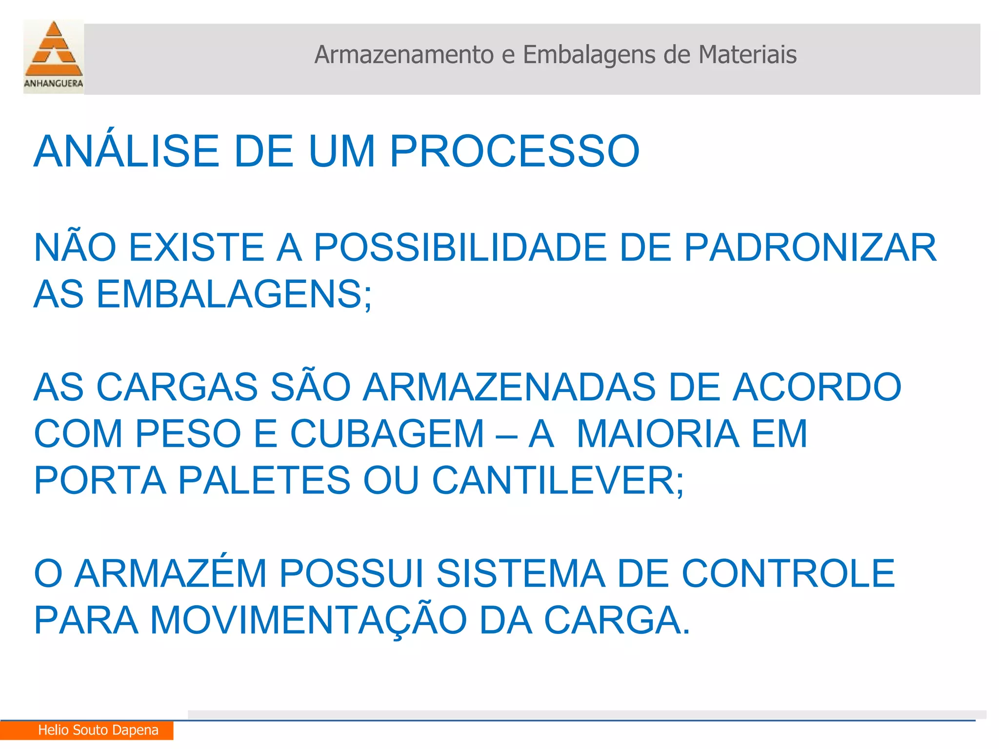 ANÁLISE DE UM PROCESSO NÃO EXISTE A POSSIBILIDADE DE PADRONIZAR AS EMBALAGENS; AS CARGAS SÃO ARMAZENADAS DE ACORDO COM PESO E CUBAGEM – A  MAIORIA EM PORTA PALETES OU CANTILEVER; O ARMAZÉM POSSUI SISTEMA DE CONTROLE PARA MOVIMENTAÇÃO DA CARGA. Armazenamento e Embalagens de Materiais Helio Souto Dapena 