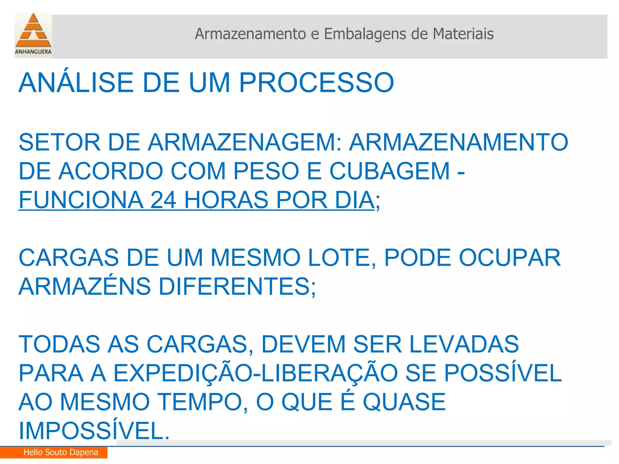 ANÁLISE DE UM PROCESSO SETOR DE ARMAZENAGEM: ARMAZENAMENTO DE ACORDO COM PESO E CUBAGEM -  FUNCIONA 24 HORAS POR DIA ; CARGAS DE UM MESMO LOTE, PODE OCUPAR ARMAZÉNS DIFERENTES; TODAS AS CARGAS, DEVEM SER LEVADAS PARA A EXPEDIÇÃO-LIBERAÇÃO SE POSSÍVEL AO MESMO TEMPO, O QUE É QUASE IMPOSSÍVEL. Armazenamento e Embalagens de Materiais Helio Souto Dapena 