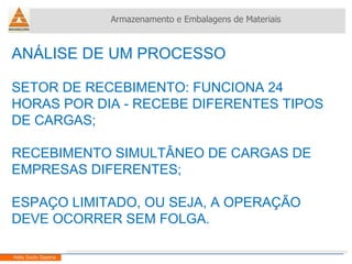 ANÁLISE DE UM PROCESSO SETOR DE RECEBIMENTO: FUNCIONA 24 HORAS POR DIA - RECEBE DIFERENTES TIPOS DE CARGAS; RECEBIMENTO SIMULTÂNEO DE CARGAS DE EMPRESAS DIFERENTES; ESPAÇO LIMITADO, OU SEJA, A OPERAÇÃO DEVE OCORRER SEM FOLGA. Armazenamento e Embalagens de Materiais Helio Souto Dapena 
