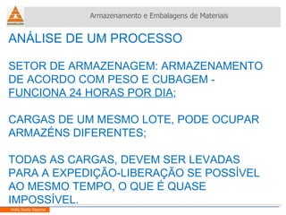 ANÁLISE DE UM PROCESSO SETOR DE ARMAZENAGEM: ARMAZENAMENTO DE ACORDO COM PESO E CUBAGEM -  FUNCIONA 24 HORAS POR DIA ; CARGAS DE UM MESMO LOTE, PODE OCUPAR ARMAZÉNS DIFERENTES; TODAS AS CARGAS, DEVEM SER LEVADAS PARA A EXPEDIÇÃO-LIBERAÇÃO SE POSSÍVEL AO MESMO TEMPO, O QUE É QUASE IMPOSSÍVEL. Armazenamento e Embalagens de Materiais Helio Souto Dapena 