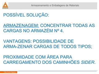 POSSÍVEL SOLUÇÃO: ARMAZENAGEM:  CONCENTRAR TODAS AS CARGAS NO ARMAZÉM Nº 4. VANTAGENS: POSSIBILIDADE DE  ARMA-ZENAR CARGAS DE TODOS TIPOS; PROXIMIDADE COM ÁREA PARA CARREGAMENTO DOS CAMINHÕES  SIDER . Armazenamento e Embalagens de Materiais Helio Souto Dapena 