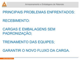 PRINCIPAIS PROBLEMAS ENFRENTADOS: RECEBIMENTO: CARGAS E EMBALAGENS SEM PADRONIZAÇÃO; TREINAMENTO DAS EQUIPES; GARANTIR O NOVO FLUXO DA CARGA. Armazenamento e Embalagens de Materiais Helio Souto Dapena 