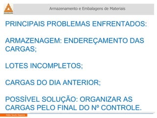 PRINCIPAIS PROBLEMAS ENFRENTADOS: ARMAZENAGEM: ENDEREÇAMENTO DAS CARGAS; LOTES INCOMPLETOS; CARGAS DO DIA ANTERIOR; POSSÍVEL SOLUÇÃO: ORGANIZAR AS CARGAS PELO FINAL DO Nº CONTROLE. Armazenamento e Embalagens de Materiais Helio Souto Dapena 