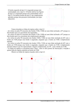 Cargas Lineares em Vigas

O bordo esquerdo da laje L2 é engastado porque tem
continuidade com a laje L1. O bordo inferior (na figura)
da laje L2 é engastado porque tem continuidade com a
laje L3. Os demais bordos da laje L2 são simplesmente
apoiados porque não possuem continuidade com lajes
adjacentes.

Vamos desenhar as linhas de ruptura sobre a laje L2 :
- do vértice no pilar P5 (encontro dos bordos V5B e V2B) sai uma linha inclinada a 45o porque os
dois bordos que aí se encontram são engastados.
- do vértice no pilar P3 (encontro dos bordos V1B e V6B) sai uma linha inclinada a 45o porque os
dois bordos que aí se encontram são simplesmente apoiados.
- do vértice no pilar P6 (encontro dos bordos V6B e V2B) sai uma linha inclinada de 60o com o
bordo em V2B porque esse bordo é engastado, enquanto que o bordo em V6B é simplesmente
apoiado.
- do vértice no pilar P2 (encontro dos bordos V5B e V1B) sai uma linha inclinada de 60o com o
bordo em V5B porque esse bordo é engastado, enquanto que o bordo em V1B é simplesmente
apoiado (observe que foi representado o ângulo complementar, de 30o , com o bordo em V1B).
- as linhas de ruptura se encontram duas a duas - entre os dois pontos de intersecção, é traçada a
quinta linha de ruptura, paralela ao bordo em V6B.
Observe as linhas de ruptura traçadas sobre a laje L2:

moacyrmolinari@mamn.com.br - www.mamn.com.br - fl.7 de 11

 