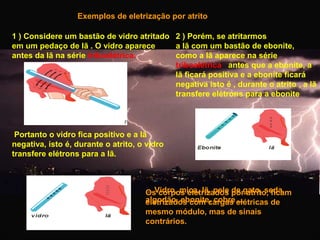 Exemplos de eletrização por atrito
1 ) Considere um bastão de vidro atritado 2 ) Porém, se atritarmos
em um pedaço de lã . O vidro aparece
a lã com um bastão de ebonite,
antes da lã na série triboelétrica.
como a lã aparece na série
triboelétrica antes que a ebonite, a
lã ficará positiva e a ebonite ficará
negativa isto é , durante o atrito , a lã
transfere elétrons para a ebonite

Portanto o vidro fica positivo e a lã
negativa, isto é, durante o atrito, o vidro
transfere elétrons para a lã.

... Vidro, mica, lã, pele porgato, seda,
Os corpos eletrizados de atrito, ficam
algodão, ebonite, cobre elétricas de
eletrizados com cargas ...
mesmo módulo, mas de sinais
contrários.

 