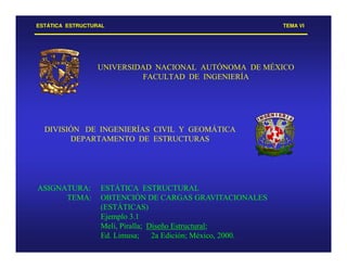 ESTÁTICA ESTRUCTURAL TEMA VI
UNIVERSIDAD NACIONAL AUTÓNOMA DE MÉXICO
FACULTAD DE INGENIERÍA
DIVISIÓN DE INGENIERÍAS CIVIL Y GEOMÁTICA
DEPARTAMENTO DE ESTRUCTURAS
ASIGNATURA: ESTÁTICA ESTRUCTURAL
TEMA: OBTENCIÓN DE CARGAS GRAVITACIONALES
(ESTÁTICAS)
Ejemplo 3.1
Meli, Piralla; Diseño Estructural;
Ed. Limusa; 2a Edición; México, 2000.
 