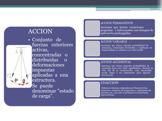 ACCION
• Conjunto de
fuerzas exteriores
activas,
concentradas o
distribuidas o
deformaciones
impuestas
aplicadas a una
estructura.
• Se puede
denominar "estado
de carga".

ACCION PERMANENTE
Acciones que tienen variaciones
pequeñas e infrecuentes con tiempos de
aplicación prolongados.
ACCION VARIABLE
•Acciones que tienen elevada probabilidad de
actuación, variaciones frecuentes y continuas no
despreciables en relación a su valor medio

ACCION ACCIDENTAL
•Acciones que tienen pequeña probabilidad de
actuación pero con valor significativo, durante la
vida útil de la construcción, cuya intensidad
puede llegar a ser importante para algunas
estructuras.

COACCION
Esfuerzos internos originados por fluencia lenta,
retracción, variación de temperatura, cedimientos de
vínculos, etc., que sólo se producen en estructuras
hiperestáticas.

 