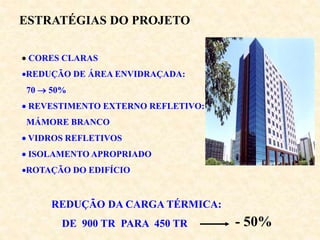  CORES CLARAS
REDUÇÃO DE ÁREA ENVIDRAÇADA:
70  50%
 REVESTIMENTO EXTERNO REFLETIVO:
MÁMORE BRANCO
 VIDROS REFLETIVOS
 ISOLAMENTO APROPRIADO
ROTAÇÃO DO EDIFÍCIO
REDUÇÃO DA CARGA TÉRMICA:
DE 900 TR PARA 450 TR - 50%
ESTRATÉGIAS DO PROJETO
 