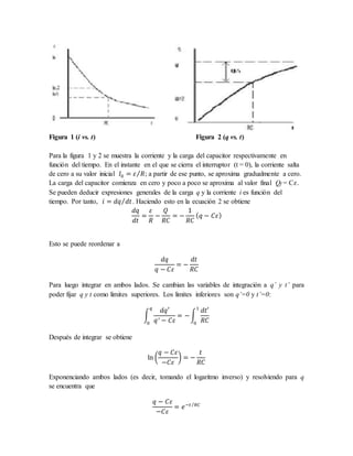 Figura 1 (i vs. t) Figura 2 (q vs. t)
Para la figura 1 y 2 se muestra la corriente y la carga del capacitor respectivamente en
función del tiempo. En el instante en el que se cierra el interruptor (t = 0), la corriente salta
de cero a su valor inicial 𝐼0 = 𝜀 𝑅
⁄ ; a partir de ese punto, se aproxima gradualmente a cero.
La carga del capacitor comienza en cero y poco a poco se aproxima al valor final Qf = C𝜀.
Se pueden deducir expresiones generales de la carga q y la corriente i es función del
tiempo. Por tanto, 𝑖 = 𝑑𝑞 𝑑𝑡
⁄ . Haciendo esto en la ecuación 2 se obtiene
𝑑𝑞
𝑑𝑡
=
𝜀
𝑅
−
𝑄
𝑅𝐶
= −
1
𝑅𝐶
(𝑞 − 𝐶𝜀)
Esto se puede reordenar a
𝑑𝑞
𝑞 − 𝐶𝜀
= −
𝑑𝑡
𝑅𝐶
Para luego integrar en ambos lados. Se cambian las variables de integración a q’ y t’ para
poder fijar q y t como limites superiores. Los limites inferiores son q’=0 y t’=0:
∫
𝑑𝑞′
𝑞′ − 𝐶𝜀
= −∫
𝑑𝑡′
𝑅𝐶
1
0
𝑞
0
Después de integrar se obtiene
ln (
𝑞 − 𝐶𝜀
−𝐶𝜀
) = −
𝑡
𝑅𝐶
Exponenciando ambos lados (es decir, tomando el logaritmo inverso) y resolviendo para q
se encuentra que
𝑞 − 𝐶𝜀
−𝐶𝜀
= 𝑒−𝑡 𝑅𝐶
⁄
 