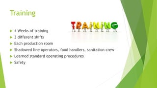 Training
 4 Weeks of training
 3 different shifts
 Each production room
 Shadowed line operators, food handlers, sanitation crew
 Learned standard operating procedures
 Safety
 