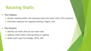 Rotating Shafts
 The Problem:
 Unsafe rotating shafts with keyways/setscrews plant wide (152 locations)
 Eliminate exposure to trapping clothing, fingers, hair
 The Solution:
 Identify all shafts that do not meet code
 Address which shafts need grinding or capping
 Order shaft caps from Dodge, IPTCI, AMI
 