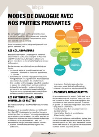 BAILLEURS
ASSOCIATIONS
ET ONG
FOURNISSEURS
ACTIONNAIRES
DE CARGLASS©
BELRON©
ET D’ITIEREN
PARTENAIRES
COMMERCIAUX
COLLABORATEURS
AUTOMOBILISTES
SYNDICATS
PROFESSIONNELS
PARTENAIRES
ASSUREURS
ET FLOTTES
AUTOMOBILES
POUVOIRS
PUBLICS
10 RDR2015CARGLASS®
D
ialogue
MODES DE DIALOGUE AVEC
NOS PARTIES PRENANTES
Nous avons développé un dialogue régulier avec trois
parties prenantes clés.
LES COLLABORATEURS
Les collaborateurs sont une des parties prenantes
essentielles de CARGLASS®
. Avec plus de 420 sites
et 3 000 collaborateurs, l’entreprise attache une
grande importance au lien entre l’entreprise et chaque
collaborateur.
Le dialogue avec les collaborateurs prend plusieurs
formes :
• un dialogue social de qualité installé au sein de
l’entreprise – instances du personnel représentées :
CE, DP, CHSCT ;
• de nombreuses réunions d’équipes menées par le
management ont lieu régulièrement. Y sont abordées
les questions du quotidien des collaborateurs ;
• deux enquêtes sont menées pour recueillir la perception
et les avis des collaborateurs sur leurs conditions
de travail et leur société : un baromètre interne
semestriel et une participation au palmarès GPTW.
Dans ces deux enquêtes des questions spécifiques
au Développement Durable leur sont posées.
LES PARTENAIRES ASSUREURS,
MUTUELLES ET FLOTTES
Le modèle économique de CARGLASS®
est un modèle
BtoBtoC.
Les payeurs de la prestation réalisée par CARGLASS®
sont dans 95 % des assureurs, mutuelles, loueurs ou
entreprises. Avec ces acteurs, l’entreprise développe des
partenariats commerciaux visant à simplifier les prises en
charge administratives des automobilistes et à développer
l’orientation de ces partenaires vers CARGLASS®
.
Les modes de dialogue sont entre autres les suivants :
• réunions commerciales et marketing avec nos
partenaires ;
La cartographie des parties prenantes nous
a permis d’identifier 10 acteurs avec lesquels
l’entreprise interagit très fréquemment pour
son activité (voir ci-contre).
• organisation d’opérations de prévention
communes autour de la sécurité routière ;
• réponse à des audits et questionnaires RSE.
LES CLIENTS AUTOMOBILISTES
Un automobiliste qui fait appel à CARGLASS®
est le
plus souvent dans une situation d’urgence et dans
une situation de stress. Nous nous engageons à lui
accorder toute notre attention à travers un service
de qualité. Les modes de dialogue sont les suivants :
• enquêtes de satisfaction ;
• mise à disposition d’un service de traitement
de réclamations ;
• mise en place d’outils de sensibilisation
à la prévention routière.
En 2016, une analyse de matérialité sera réalisée pour
mieux connaitre les besoins et attentes de nos parties
prenantes vis-à-vis de CARGLASS®
. Cette étude viendra
nourrir notre réflexion et les objectifs que nous devrons
nous fixer pour les prochaines années.
 