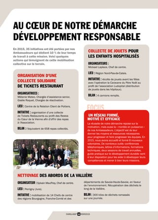 12 RDR2015CARGLASS®
FOCUS
UN RÉSEAU FORMÉ,
MOTIVÉ ET EFFICACE
La réussite de notre démarche repose sur la
motivation, mais aussi la « montée en puissance »
de nos Ambassadeurs. L’objectif est de leur
donner les moyens et ressources nécessaires
pour progresser et faire progresser les équipes. En
2015, nous avons accueilli et formé 8 nouveaux
volontaires. De nombreux outils -conférences
téléphoniques, lettres d’informations, formations
techniques, deux sessions de travail annuelles,
guide pratique sur le développement durable- sont
à leur disposition pour les aider à développer leurs
compétences et mener à bien leurs missions.
ORGANISATION D’UNE
COLLECTE SOLIDAIRE
DE TICKETS RESTAURANT
ORGANISATRICES :
Mélanie Mateo, Chargée d’assistance senior,
Gisèle Roquet, Chargée de réactivation.
LIEU : Centre de la Relation Client de Poitiers.
INITIATIVE : organisation d’une collecte
de Tickets Restaurants au profit des Restos
du Cœur de la Vienne afin d’offrir des repas
à l’Association.
BILAN : l’équivalent de 658 repas collectés.
COLLECTE DE JOUETS POUR
LES ENFANTS HOSPITALISÉS
ORGANISATEURS :
Mickael Laplace, Chef de centre.
LIEU : Région Nord-Pas-de-Calais.
INITIATIVE : récolte de jouets avant les fêtes
avec l’opération la Caravane du Père Noël au
profit de l’association Ludopital (distribution
de jouets dans les hôpitaux).
BILAN : 4 camions remplis.
En 2015, 35 initiatives ont été portées par nos
Ambassadeurs qui dédient 10 % de leur temps
de travail à cette mission. Voici quelques
actions qui témoignent de cette mobilisation
collective sur le terrain.
NETTOYAGE DES ABORDS DE LA VALLIÈRE
ORGANISATEUR :Sylvain Mauffrey, Chef de centre.
LIEU : Perrigny (Jura).
INITIATIVE : mobilisation de 14 Chefs de centre
des régions Bourgogne, Franche-Comté et des
départements de Savoie-Haute-Savoie, en faveur
de l’environnement. Récupération des déchets le
long de la Vallière.
BILAN : 300 kilos de déchets ramassés
sur une journée.
AU CŒUR DE NOTRE DÉMARCHE
DÉVELOPPEMENT RESPONSABLE
 