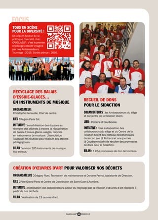 13 RDR2015CARGLASS®
CRÉATION D’ŒUVRES D’ART POUR VALORISER NOS DÉCHETS
ORGANISATEURS :Grégory Noel, Technicien de maintenance et Doriane Peyrot, Assistante de Direction.
LIEU : Pôle Grand Paris et Centre de Distribution de Saint-Ouen-L’Aumône.
INITIATIVE : mobilisation des collaborateurs autour du recyclage par la création d’œuvres d’art réalisées à
partir de nos déchets.
BILAN : réalisation de 13 œuvres d’art.
FOCUS
TOUS EN SCÈNE
POUR LA DIVERSITÉ !
Un clip en faveur de la
politique diversité chez
CARGLASS®
 : c’est le premier
challenge collectif imaginé
par nos Ambassadeurs.
Tournage : 2015. Sortie prévue : 2016.
RECYCLAGE DES BALAIS
D’ESSUIE-GLACES…
EN INSTRUMENTS DE MUSIQUE
ORGANISATEUR :
Christophe Renaudie, Chef de centre.
LIEU : Région Paris Est.
INITIATIVE : sensibilisation des équipes au
réemploi des déchets à travers la récupération
de balais d’essuie-glaces usagés, recyclés
en instruments de musique. L’Association
Talacatak les réutilise pour réaliser des ateliers
pédagogiques.
BILAN : environ 200 instruments de musique
éco conçus.
RECUEIL DE DONS
POUR LE SIDACTION
ORGANISATEURS :les Ambassadeurs du siège
et du Centre de la Relation Client.
LIEU : Poitiers et Courbevoie.
INITIATIVE : mise à disposition des
collaborateurs du siège et du Centre de la
Relation Client des plateaux téléphoniques
durant un soir (à Poitiers) et une journée
(à Courbevoie) afin de récolter des promesses
de dons pour le Sidaction.
BILAN : 1 264 promesses de don décrochées.
 