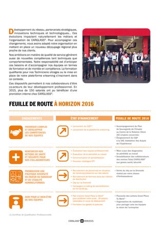 25 RDR2015CARGLASS®
D éveloppement du réseau, partenariats stratégiques,
 innovations techniques et technologiques… Ces
évolutions impactent naturellement les métiers et
l’organisation de CARGLASS®
. Pour accompagner ces
changements, nous avons adapté notre organisation en
mettant en place un nouveau découpage régional plus
proche de nos clients.
Nos ambitions en matière de qualité de service génèrent
aussi de nouvelles compétences tant techniques que
comportementales. Notre responsabilité est d’anticiper
ces besoins et d’accompagner nos équipes en termes
de formation et de montée en compétence. La formation
qualifiante pour nos Techniciens vitrages ou la mise en
place de notre plate-forme e-learning s’inscrivent dans
ce contexte.
Ces dispositifs permettent à nos collaborateurs d’être
co-acteurs de leur développement professionnel. En
2015, plus de 150 salariés ont pu bénéficier d’une
promotion interne chez CARGLASS®
.
FEUILLE DE ROUTE À HORIZON 2016
ENGAGEMENTS ÉTAT D’AVANCEMENT FEUILLE DE ROUTE 2016
FAVORISER L’EMPLOI
ET DÉVELOPPER
LES COMPÉTENCES
DE NOS ÉQUIPES
• Lancement du CQP (1)
• Lancement de la plateforme e-learning
• Accompagnement du Plan
de Sauvegarde de l’Emploi
au Centre de la Relation Client
(60 emplois concernés)
• Élargissement du CQP
à la VAE (Validation des Acquis
de l’Expérience)
RENFORCER NOS
ACTIONS DE SANTÉ
ET SÉCURITÉ POUR
NOS COLLABORATEURS
• Évaluation des risques professionnels
• Évaluation de la pénibilité au travail
• Communication et sensibilisation
• Nouveau catalogue EPI
• Mise à jour des diagnostics
de pénibilité au travail
• Sensibilisation des collaborateurs
des centres Total/CARGLASS®
aux gestes santé/sécurité
PROMOUVOIR UNE
POLITIQUE DIVERSITÉ
EN FAVEUR DU HANDICAP
ET DE L’ÉGALITÉ
HOMMES/FEMMES
• Recrutement de personnes en situation
de handicap/présence sur des salons
• Recrutement de femmes dans les métiers
de distribution
• Clip sur la Diversité
• Campagne e-mailing de sensibilisation
sur le handicap
• Sortie du clip sur la Diversité
réalisé par notre réseau
d’Ambassadeurs
AGIR POUR LE BIEN-ÊTRE
DE NOS ÉQUIPES
• Plan d’action Great Place to Work®
pour améliorer notre score : 16 actions
nationales en cours de déploiement
• Formation aux gestes et postures
• Poursuite des actions Great Place
To Work®
• Organisation de roadshows
pour partager avec les équipes
la vision de l’entreprise
(1) Certificat de Qualification Professionnelle.
 
