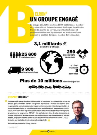 4 RDR2015CARGLASS®
BUN GROUPE ENGAGÉ
Le Groupe BELRON®
, fondé en 1897, est le leader mondial
de la réparation et du remplacement de vitrages de véhicules.
Proximité, qualité de service, expertise technique et
professionnalisme des équipes sont les maîtres mots qui
assurent la position de leader mondial de l’entreprise.
25 600collaborateurs
250associations
soutenues
Plus de 10 millions de clients par an
3,1 milliards ede chiffre d’affaires
9 900véhicules-ateliers
L’ESPRIT BELRON®
Dans sa vision d’être pour tout automobiliste ou partenaire un choix naturel en cas de
bris de glace, BELRON®
attache une grande importance à réaliser son activité avec
responsabilité. La maîtrise de notre impact environnemental, l’attention particulière à
nos pratiques éthiques et l’enthousiasme pour la solidarité sont les piliers du Spirit of
BELRON®
*, cadre dans lequel nous demandons à nos filiales de développer leur propre
programme. Le programme IMPACT+ fait parfaitement écho à cette philosophie du
Groupe. CARGLASS®
France est ainsi une référence pour les autres filiales en matière
de RSE, se plaçant en effet parmi les 2 % des meilleures entreprises sur les 15 000
évaluées par EcoVadis et rentrant dans la catégorie Or.
Richard Tyler, Customer Group Director
ELRON®
*Esprit BELRON®
.
un client
toutes les
3secondes
“
”
 