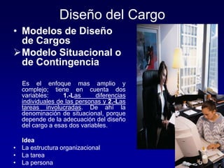 Diseño del Cargo
• Modelos de Diseño
de Cargos
Modelo Situacional o
de Contingencia
Es el enfoque mas amplio y
complejo; ...