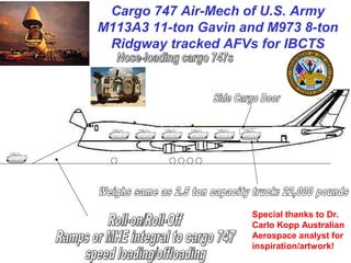 Cargo 747 Air-Mech of U.S. Army
M113A3 11-ton Gavin and M973 8-ton
 Ridgway tracked AFVs for IBCTS




                     Special thanks to Dr.
                     Carlo Kopp Australian
                     Aerospace analyst for
                     inspiration/artwork!
 