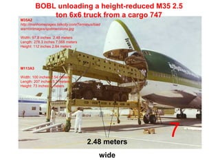 BOBL unloading a height-reduced M35 2.5
             ton 6x6 truck from a cargo 747
M35A2
http://msnhomepages.talkcity.com/Terminus/load
warrior/images/spdimensions.jpg

Width: 97.8 inches 2.48 meters
Length: 278.3 inches 7.068 meters
Height: 112 inches 2.84 meters




M113A3

Width: 100 inches 2.54 meters
Length: 207 inches 5.3 meters
Height: 73 inches 2 meters




                                      2.48 meters
                                                    7
                                             wide
 