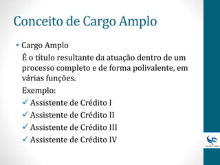 Conceito de Cargo Amplo
• Cargo Amplo
É o título resultante da atuação dentro de um
processo completo e de forma polivalente, em
várias funções.
Exemplo:
 Assistente de Crédito I
 Assistente de Crédito II
 Assistente de Crédito III
 Assistente de Crédito IV
 