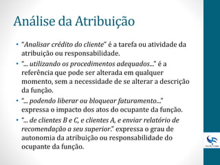Análise da Atribuição
• “Analisar crédito do cliente” é a tarefa ou atividade da
atribuição ou responsabilidade.
• “... utilizando os procedimentos adequados...” é a
referência que pode ser alterada em qualquer
momento, sem a necessidade de se alterar a descrição
da função.
• “... podendo liberar ou bloquear faturamento...”
expressa o impacto dos atos do ocupante da função.
• “... de clientes B e C, e clientes A, e enviar relatório de
recomendação a seu superior.” expressa o grau de
autonomia da atribuição ou responsabilidade do
ocupante da função.
 