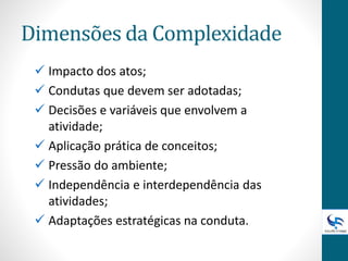 Dimensões da Complexidade
 Impacto dos atos;
 Condutas que devem ser adotadas;
 Decisões e variáveis que envolvem a
atividade;
 Aplicação prática de conceitos;
 Pressão do ambiente;
 Independência e interdependência das
atividades;
 Adaptações estratégicas na conduta.
 