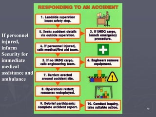 40
If personnel
injured,
inform
Security for
immediate
medical
assistance and
ambulance